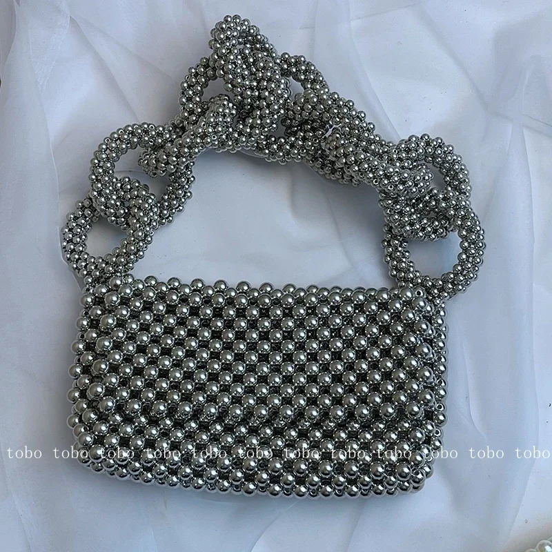 Luxury Silver Beaded Woven Women\'s Handbags 2023 Trend Bead Circle Chain Handle Flip Pockets Versatile Envelope Bags for Women