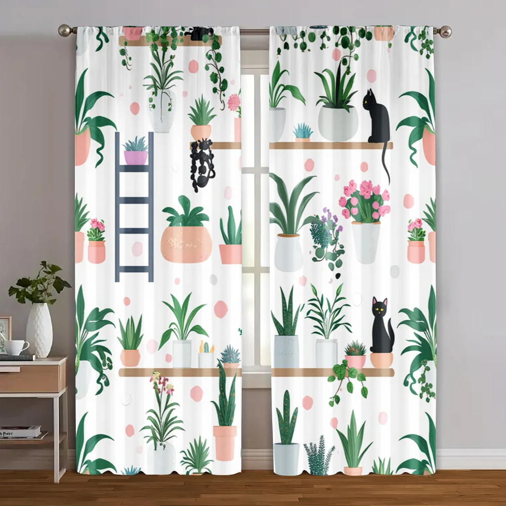 

2pcs, Creative Curtains Whimsical Cat & Plant-Themed Versatile 100% Polyester (without rod) Gifts Ldeal for Living Room, Home