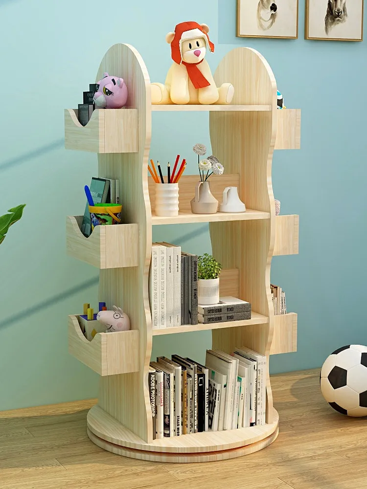 Children's Baran Solid Wood Rotating Bookshelf Floor-standing Student Picture Book Rack Simple Multi-layer Living Room Storage