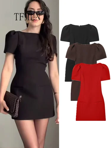 TFMLN-minivestido elegante de manga corta para mujer, vestido ajustado de cintura alta, vestidos lisos de manga corta, vestido ceñido sencillo para ir al trabajo