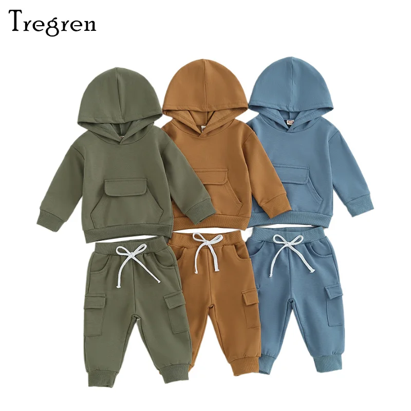 Tregren 0-3Y Toddler Baby Boys Pants Suit Fall Long Sleeve Hooded Sweatshirt Hoodie Elastic Waist Sweatpants 2pcs Clothes Sets