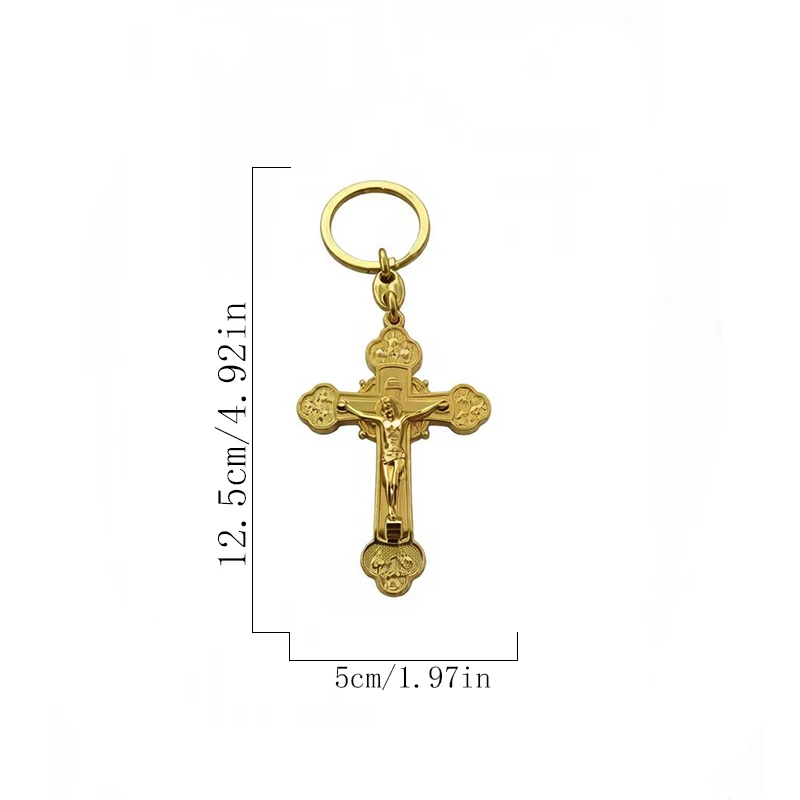 Gold Plated Orthodox Crucifix Keychain with Engraved Icons Religious Charm for Car Keys Bags Backpacks Daily Use and Christian F