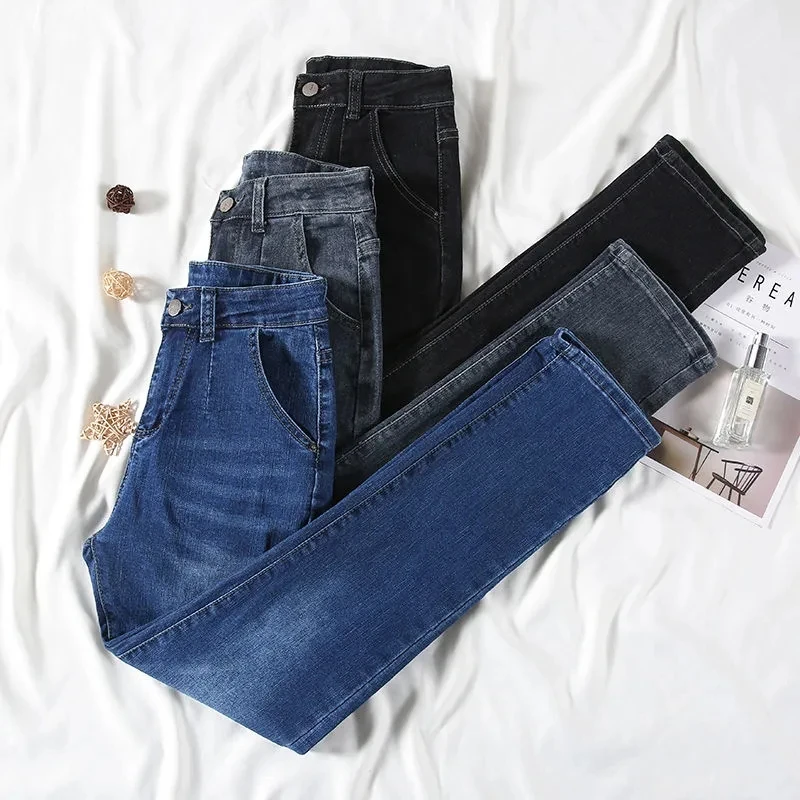

Прямые джинсы, большой размер 36, женские джинсовые брюки с высокой талией, корейская уличная одежда, винтажные брюки Kot, повседневные эластичные брюки Vaqueros XQ94