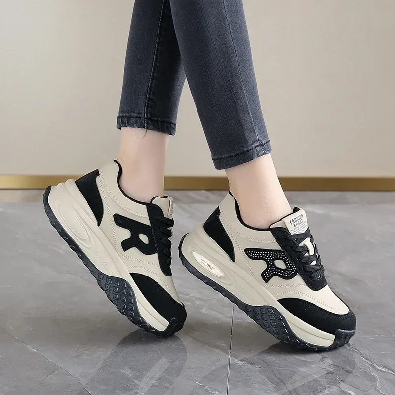 Ladies Fashionable Vulcanized Shoes Front Lacing Shallow Mouth Thick Sole Women's Sports Shoes Four Seasons Versatile Leisure