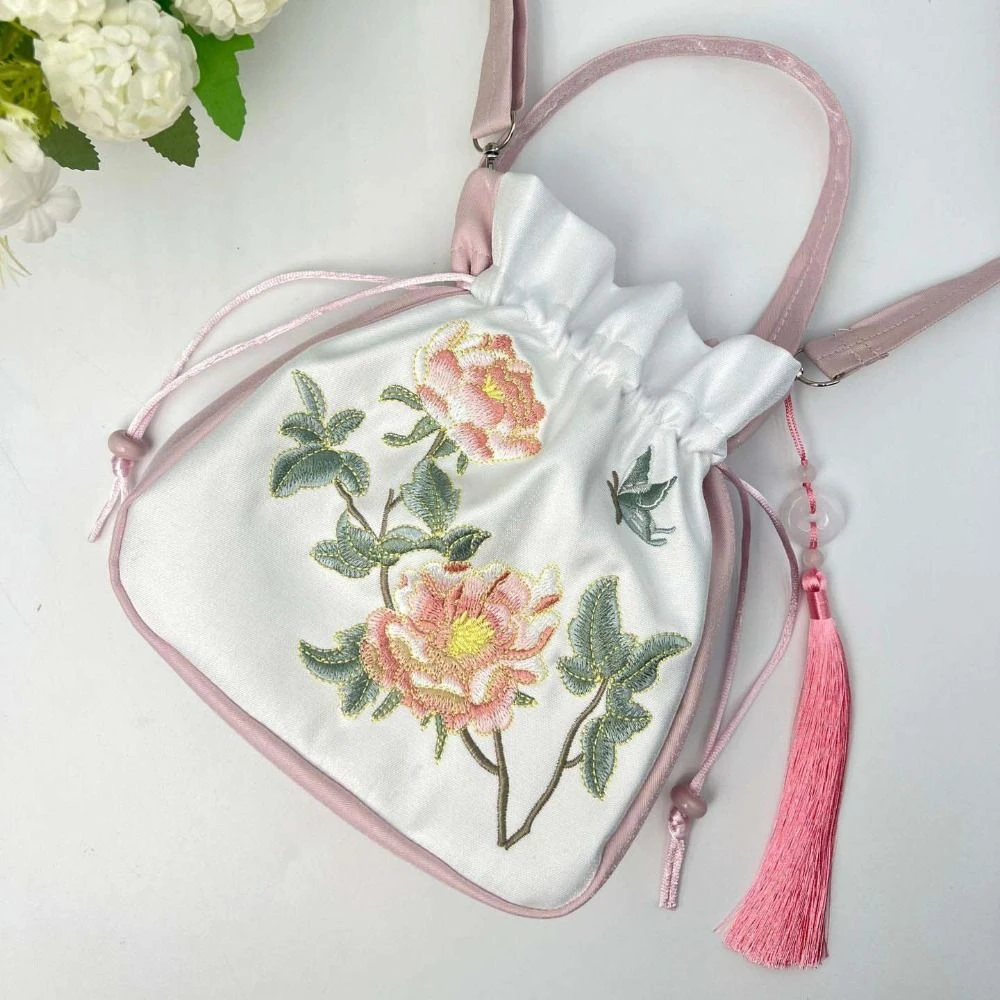 

Ethnic Style Embroidery Drawstring Bag Silk Satin Flower Bucket Bag Chinese Style Handbag Shoulder Bag Ancient Style