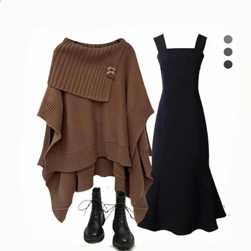 

2025 Autumn and Winter New Gentle Wind Wear Suit Loose Cape Sweater Women with Fishtail Suspender Skirt Two-piece Set