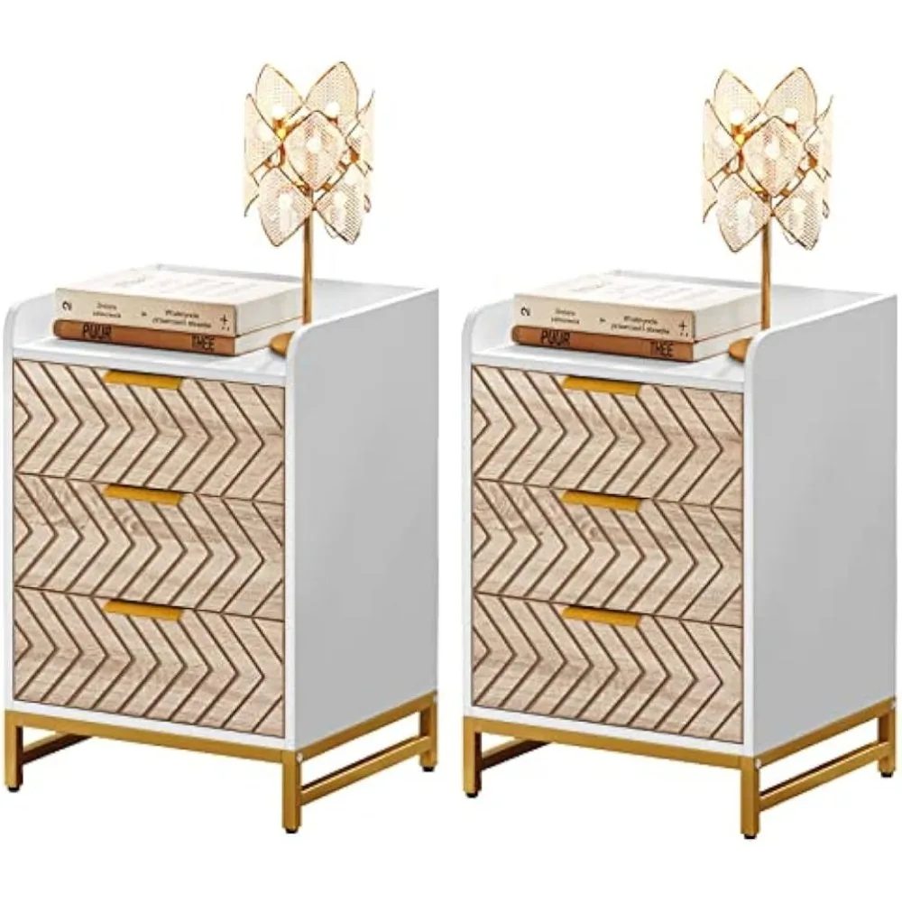 Bedroom Furniture Set of 2 Bedroom Bedside Table Modern Bedside Table With Chevron Design and Gold Metal Legs Home