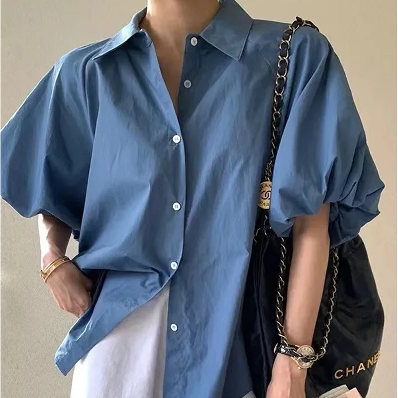 Women\'s Short Lantern Sleeve Blouse, French Style Shirt, Turn Down Collar, Loose Clothes, Solid Blue, Office Lady, Summer, 8385