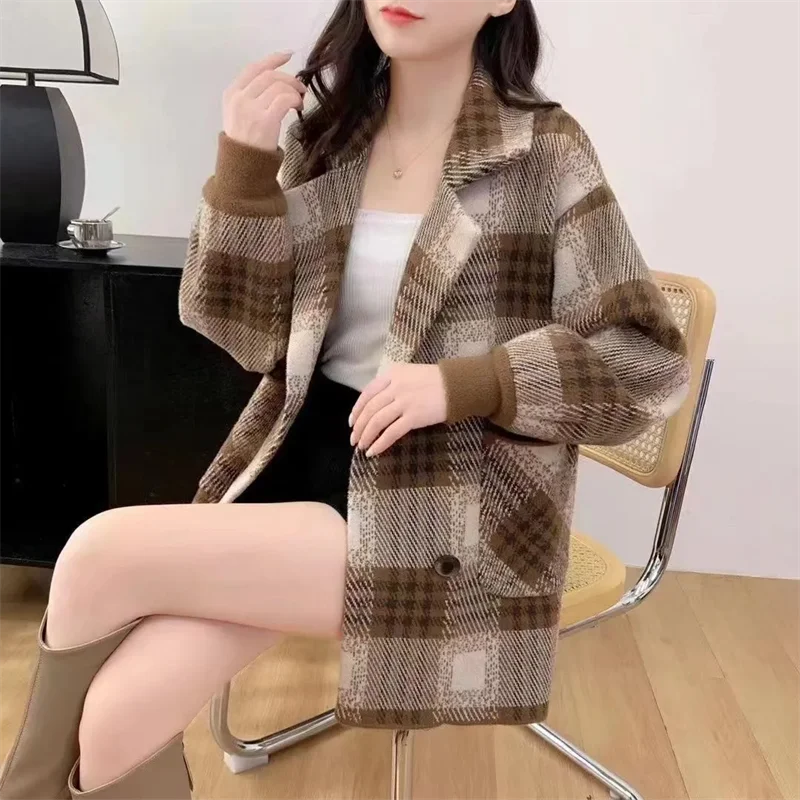 

Autumn and Winter New Suit Collar Double-Sided Woolen Plaid Jacket for Women Mid to Long Styles Popular Fashion Thick top Trend