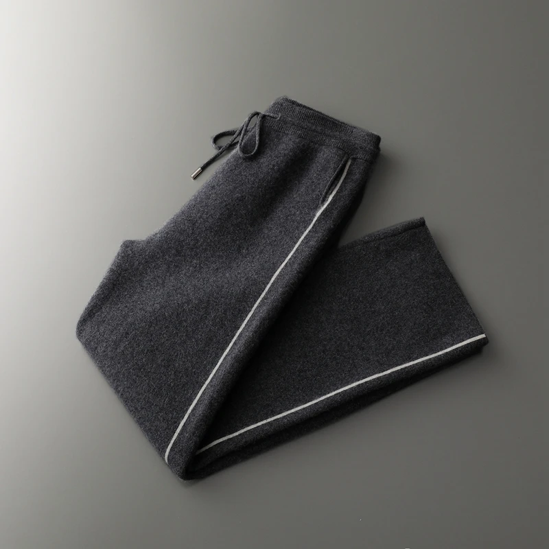 

Жаккардовые утолщенные брюки из 100% чистого кашемира, мужские трикотажные прямые брюки с высокой талией, широкие брюки с цветными блоками и шнурком