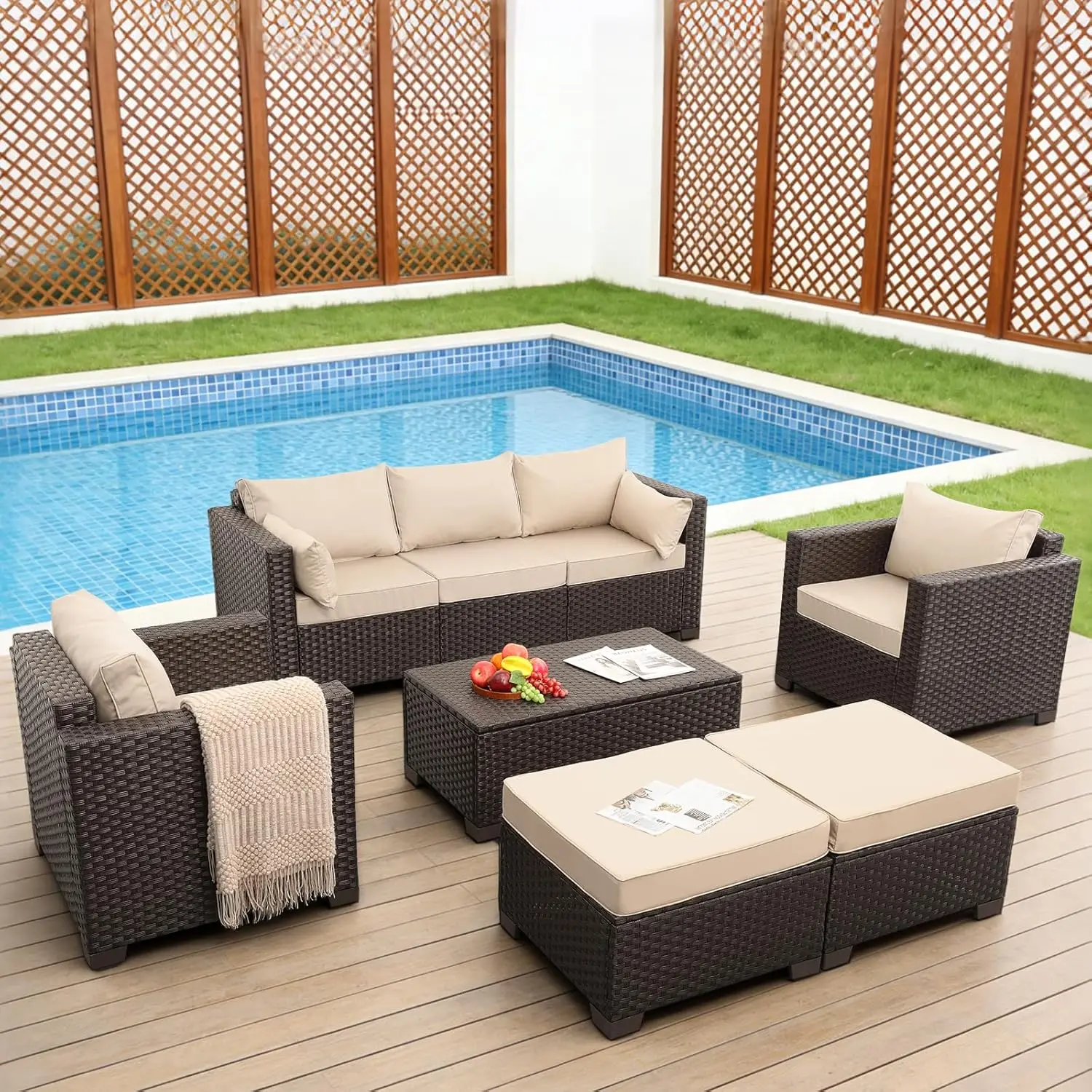 

6 Pieces Patio Outdoor Furniture Outdoor Conversation Sets Wicker Sofa Set With Outdoor Couch Patio Chairs Storage, Customized