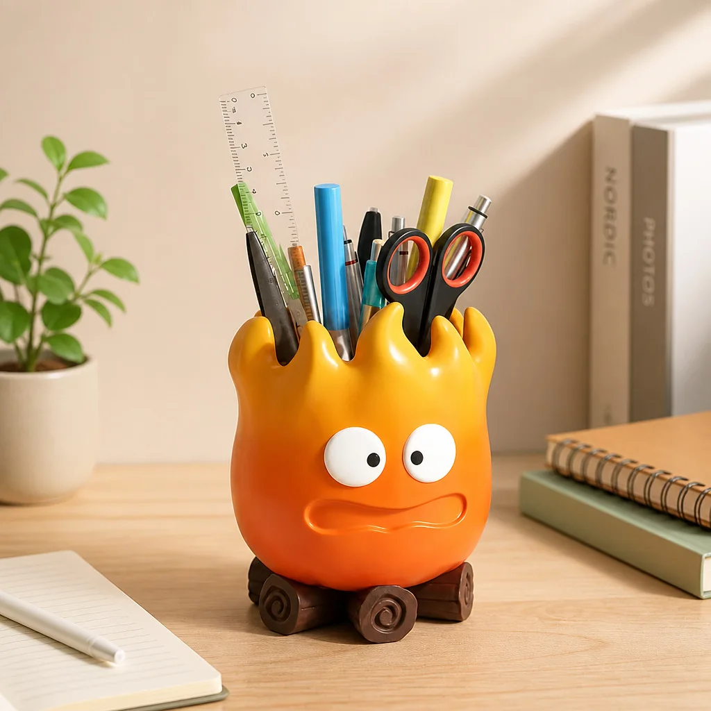 Cartoon Hot Flame Ornament, Large-Capacity Stationery Jar for Students, Office Desk Organizer and Storage Rack