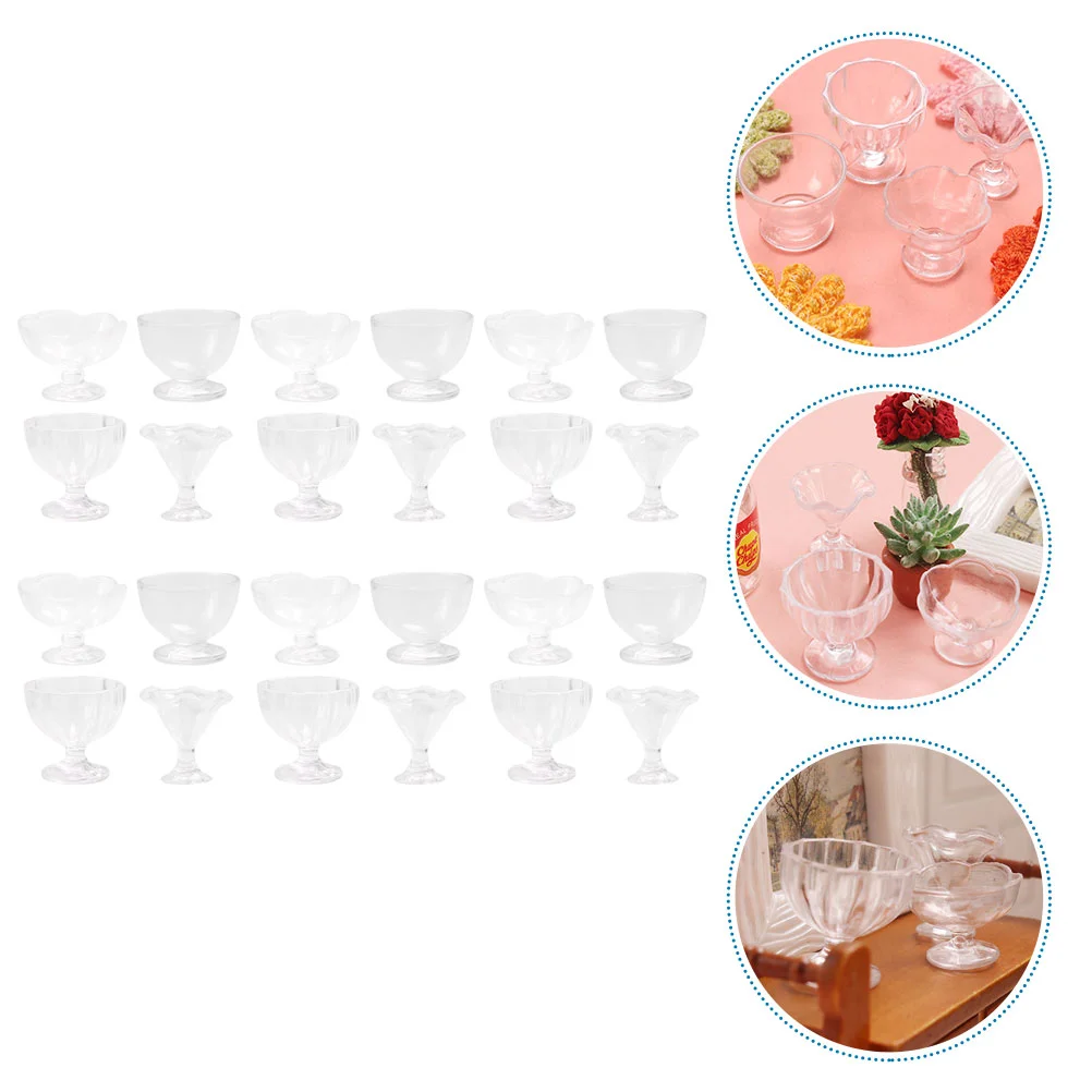 

24 Pcs Mini Cup Miniature Kitchen Tableware Footed Dessert Bowls Food 1:12 Scale Sundae Cups Decoration Tea Glass