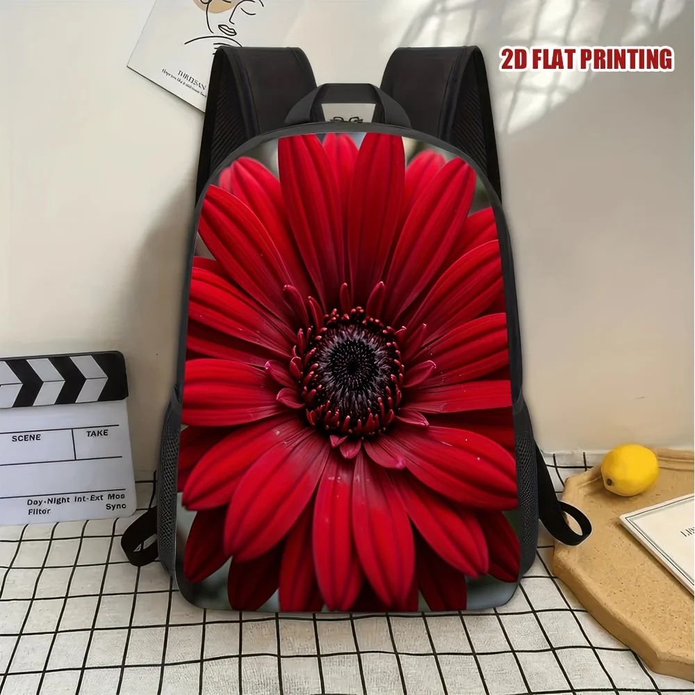 

1 Large Capacity Lightweight Red Floral Backpack - Adjustable Shoulder Strap, Zipper Closure, Durable Polyester Fiber