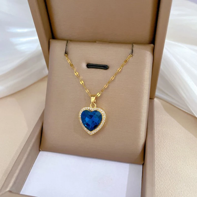 Stainless Steel Gold Plated Light Luxury Charm Blue Zirconia Heart Necklace For Women Girl Gorgeous Party Jewelry 2023