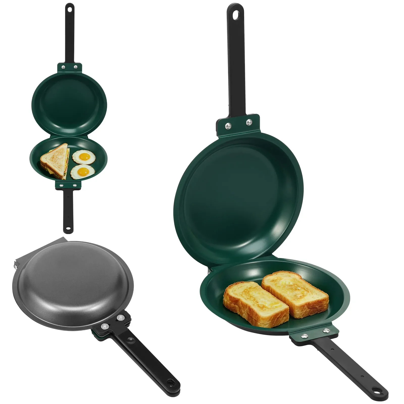 Double Sided Folding Frying Pan Carbon Steel Breakfast Pan for Egg Steak Pancake Sandwich Non Stick Heat Resistant Handle