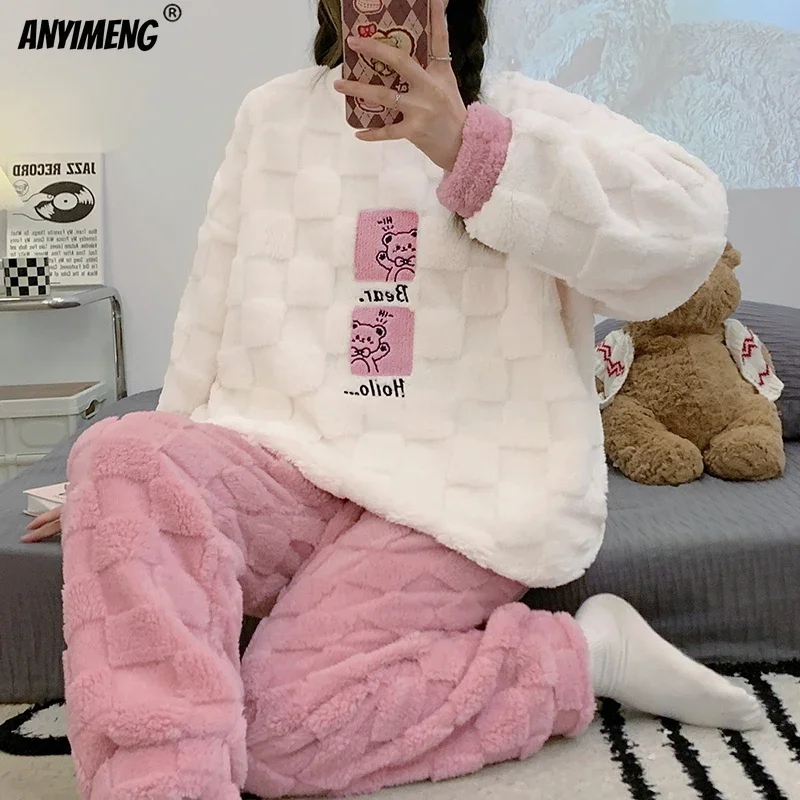 HQ Winter Women Pajamas Set Thick Chinese Velvet Sleepwear Pullover Female Thermal Homewear Korean Girl Pijamas Teddy Loungewear