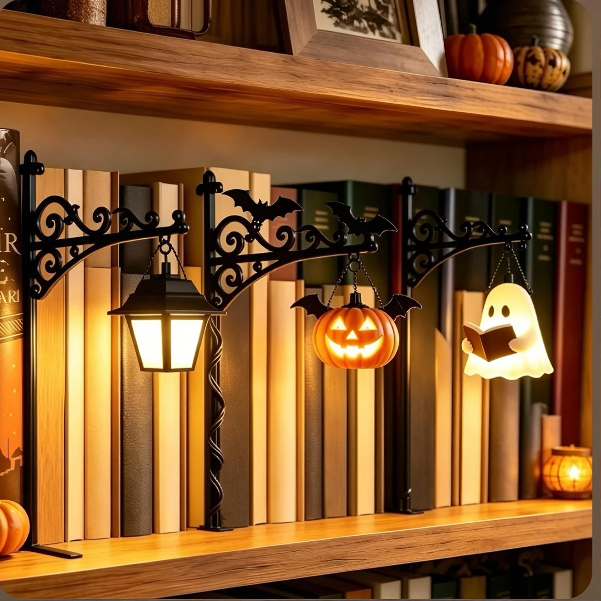 Library Lantern Bookshelf Lamp, Ghost Bookshelf Lantern with Warm LED, Mini Nook Light for Bookshelf, Halloween Bookshelf Decor