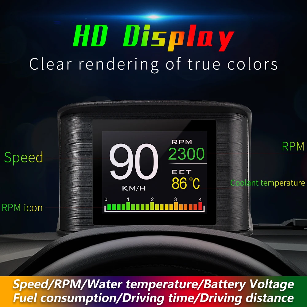 

HUD P10 OBD2 Digital Car Head Up Display Speedometer Tachometer Battery Voltage Oil Pressure Coolant Temp Smart Car HUD Gauge