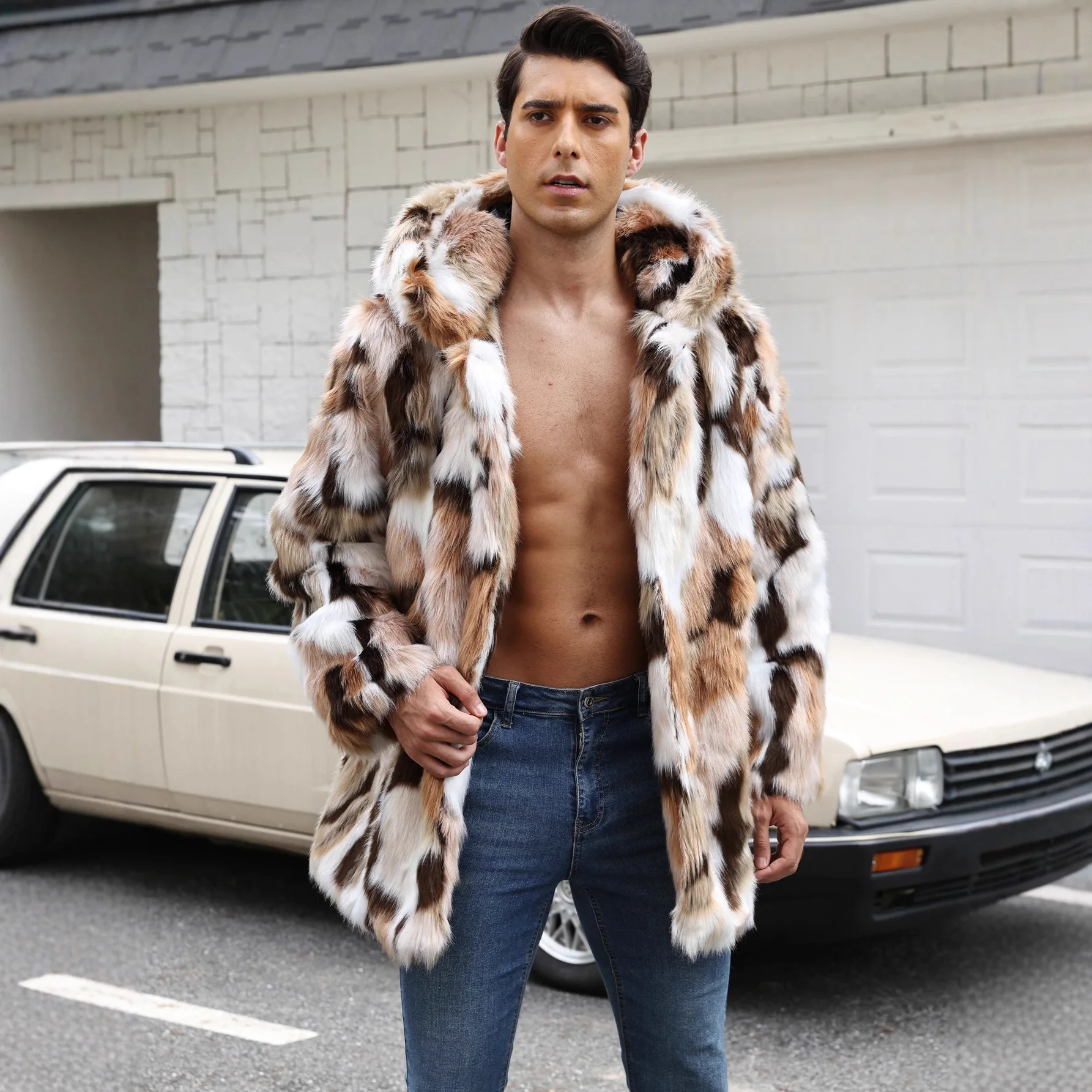 Autumn Winter New Fashion European American Men's Color-coded Casual Trendy Loose Long Sleeve Hooded Faux Fur Coats Male Tops