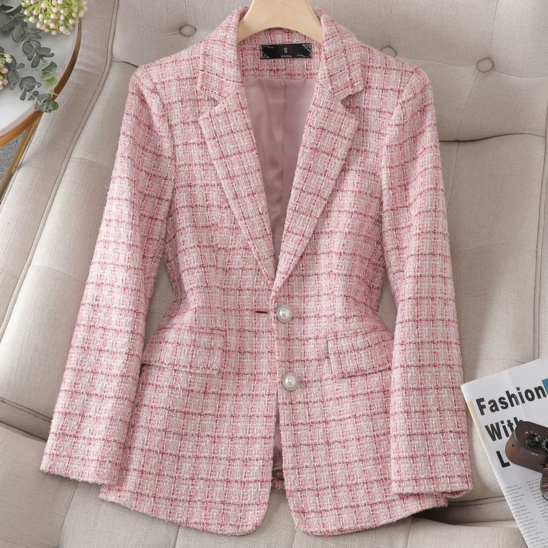 Women's Solid Color Tweed Suit Jacket Spring Autumn New Lapel Small Fragrant Casual Classic Style