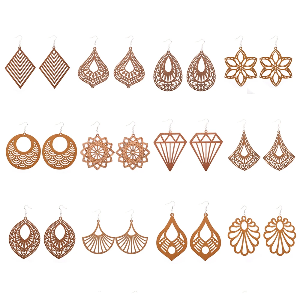 

12 пар, деревянные серьги в богемном стиле