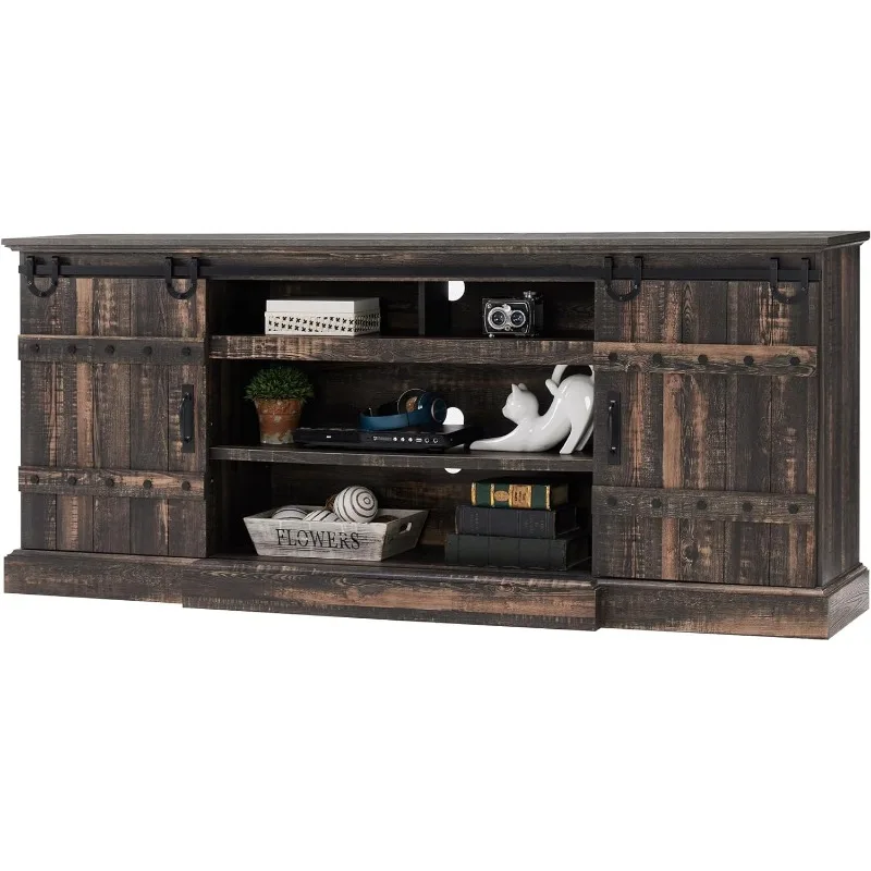 

75" Farmhouse TV Stand for TVs Up to 85 Inches, Large Rustic Entertainment Center with Sliding Barn Door, Tall Highboy