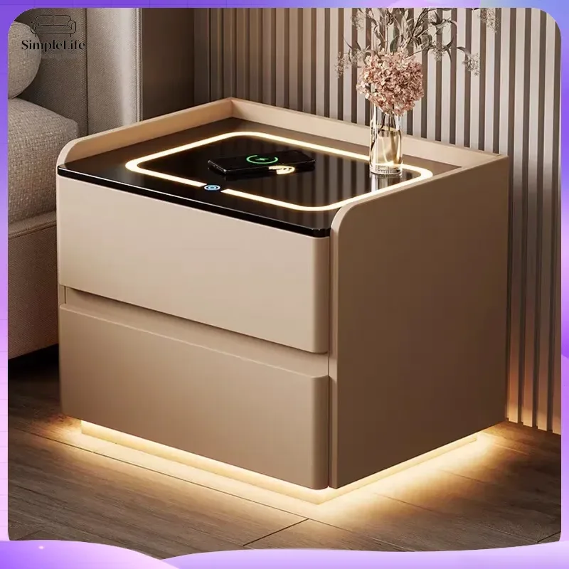 Modern Bedside Table with Wireless Charging USB Ports Storage Cabinet for Bedroom Living Room Small Space Minimalist Light
