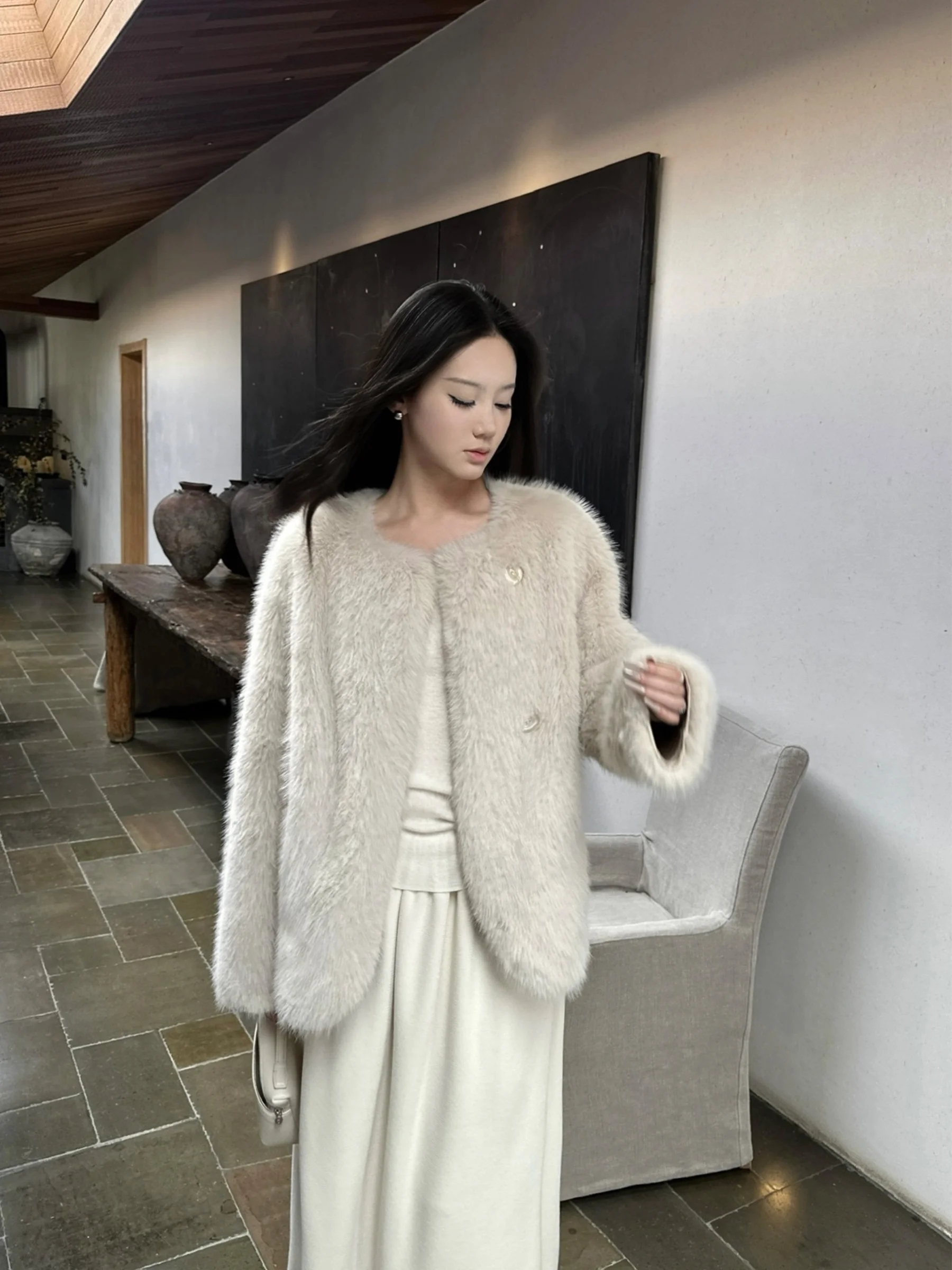 

5werkwen Young Sle Thiened Gold: Женская теплая меховая куртка для осени и зимы, экологичная, модная, для повседневной носки, ветрозащитная