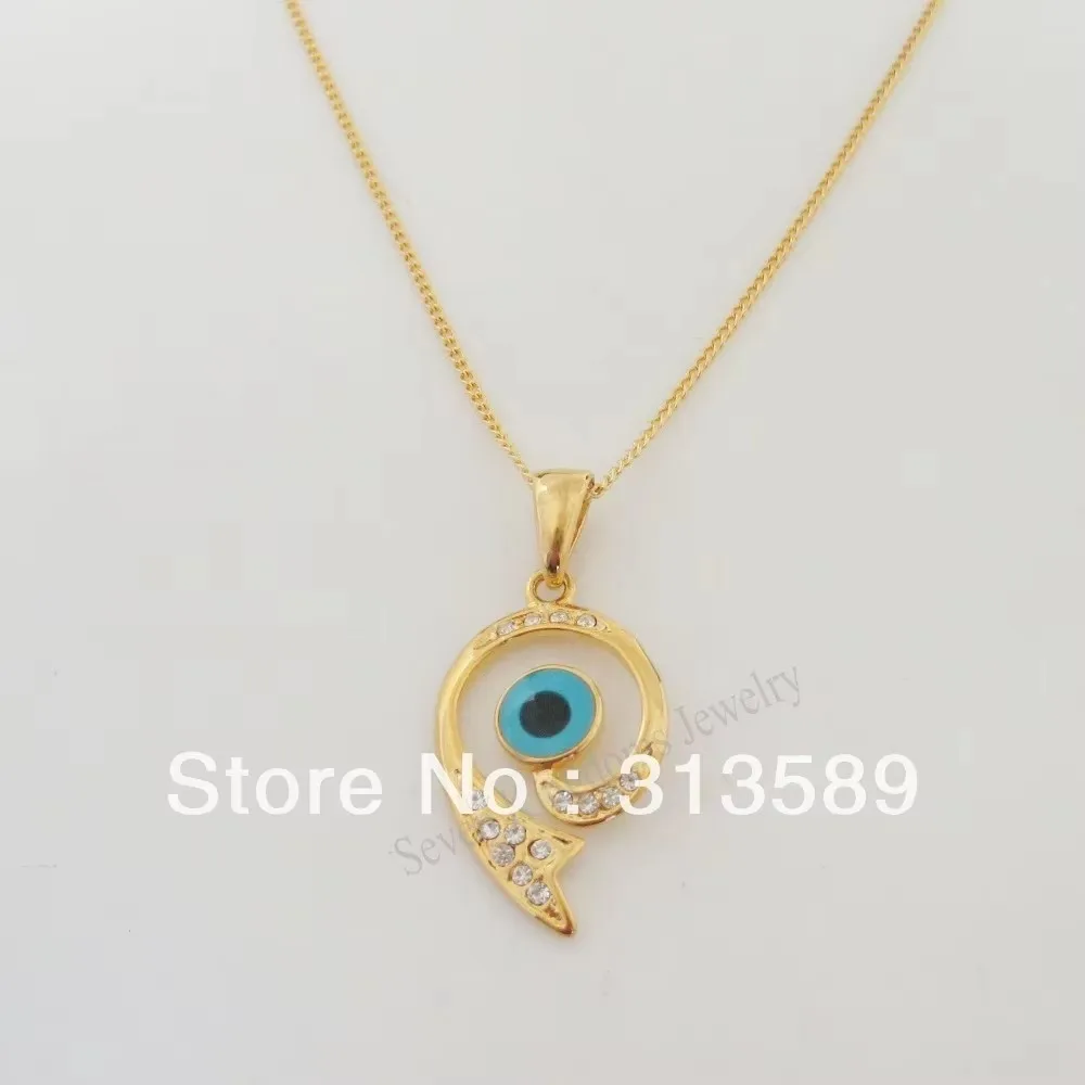 YELLOW GOLD PLATED 18INCH LINK NECKLACE EVIL EYE SPIRAL SHAPE CZ STONE PENDANT GREAT GIFT