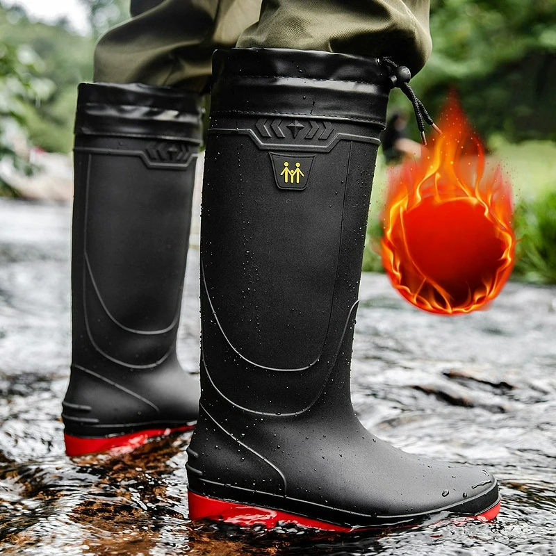 Men's Rain Boots Work Boots Slip on Waterproof Boots for Men High Tops Non-slip Fishing Water Shoes Warm Rubber Male Rain Shoes
