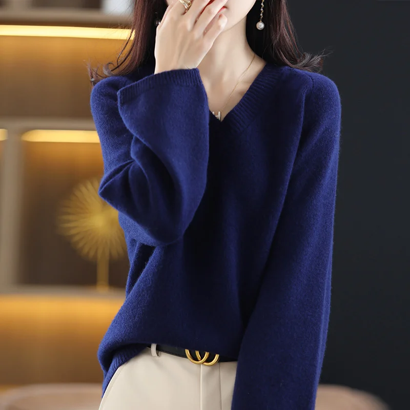 2023 Autumn And Winter New Solid Color V-Neck 100% Pure Wool Sweater Women\'s Loose Knitted Bottoming Long-Sleeved Sweater JQ143