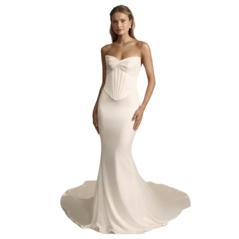 

Simple Ivory Satin A-Line Wedding Dresses Pleats Sweetheart Strapless Long Bridal Gowns Back Buttons Elegant Boho Beach Receptio