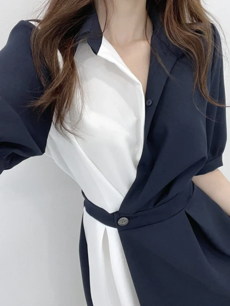 

Женское платье-рубашка в стиле пэчворк, элегантное винтажное офисное платье-трапеция миди с коротким рукавом в Корейском стиле, лето