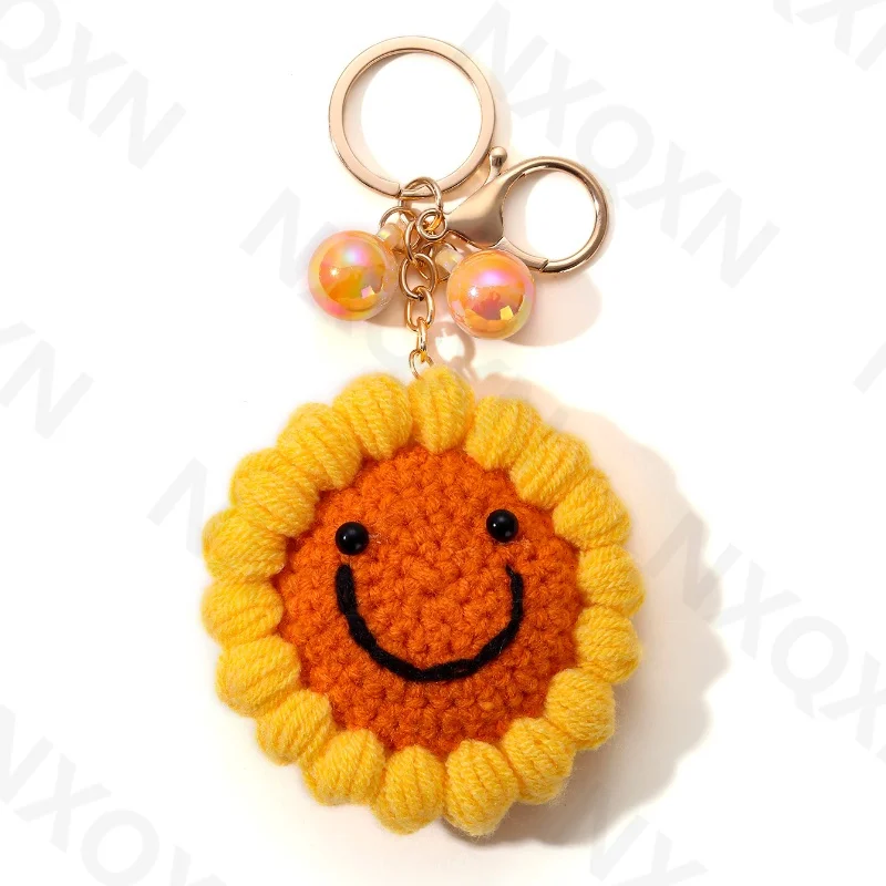 Cute Hand Knitted Sunflower Beads Keychain Smile Flower Key Ring For Women Men Friendship Gift Handmade Bag Decoration Jewelry
