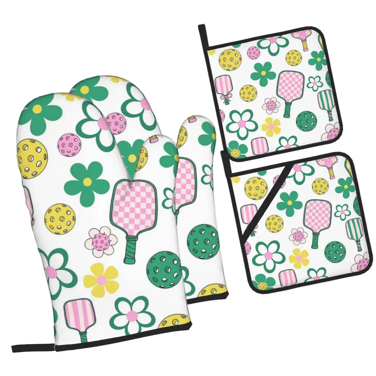 

Pickleball Paddle Ball Oven Mitts and Pot Holder Sets of 4 for Baking Kitchen Cooking Grilling Resistant Non-Slip Gloves