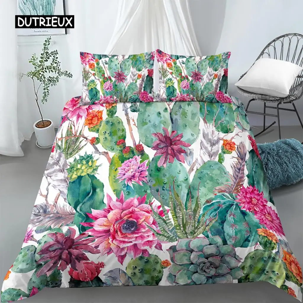 

Cactus Duvet Cover Set Queen Size Mint Green Spring Garden With Boho Style Bouquet Of Thorny Plants Blossoms 2/3pcs Bedding Set