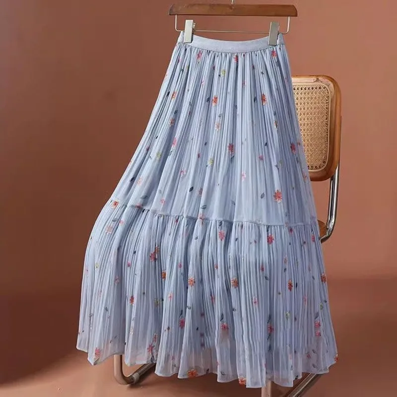 Printed Mesh Skirt Women's New Summer High-waisted Slimming Pleated Gauze Skirt Female Mid-length Drape A-line Large Swing Skirt