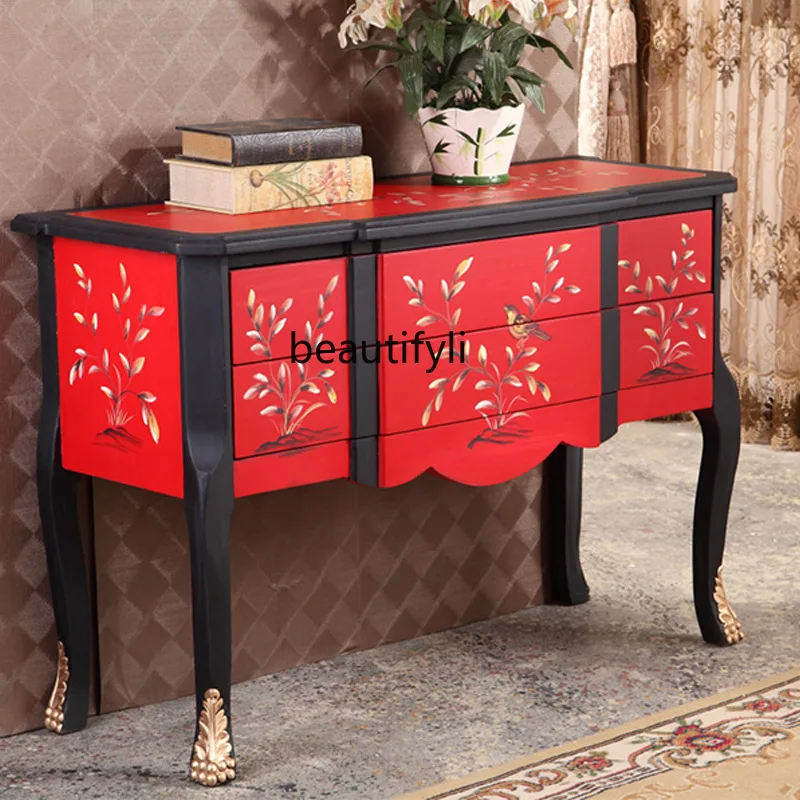 American rural entrance cabinet high-end two-bucket decoration, window cabinet hand-painted flowers and birds red dining edge