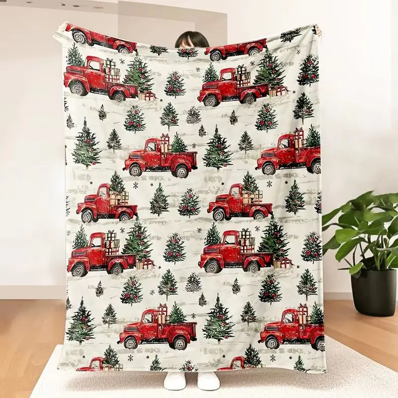 VIKAMA Vintage Red Pickup Truck Christmas Blanket Pine Tree Snowy Print For Bed Sofa Winter Warm Cozy Washable Decor