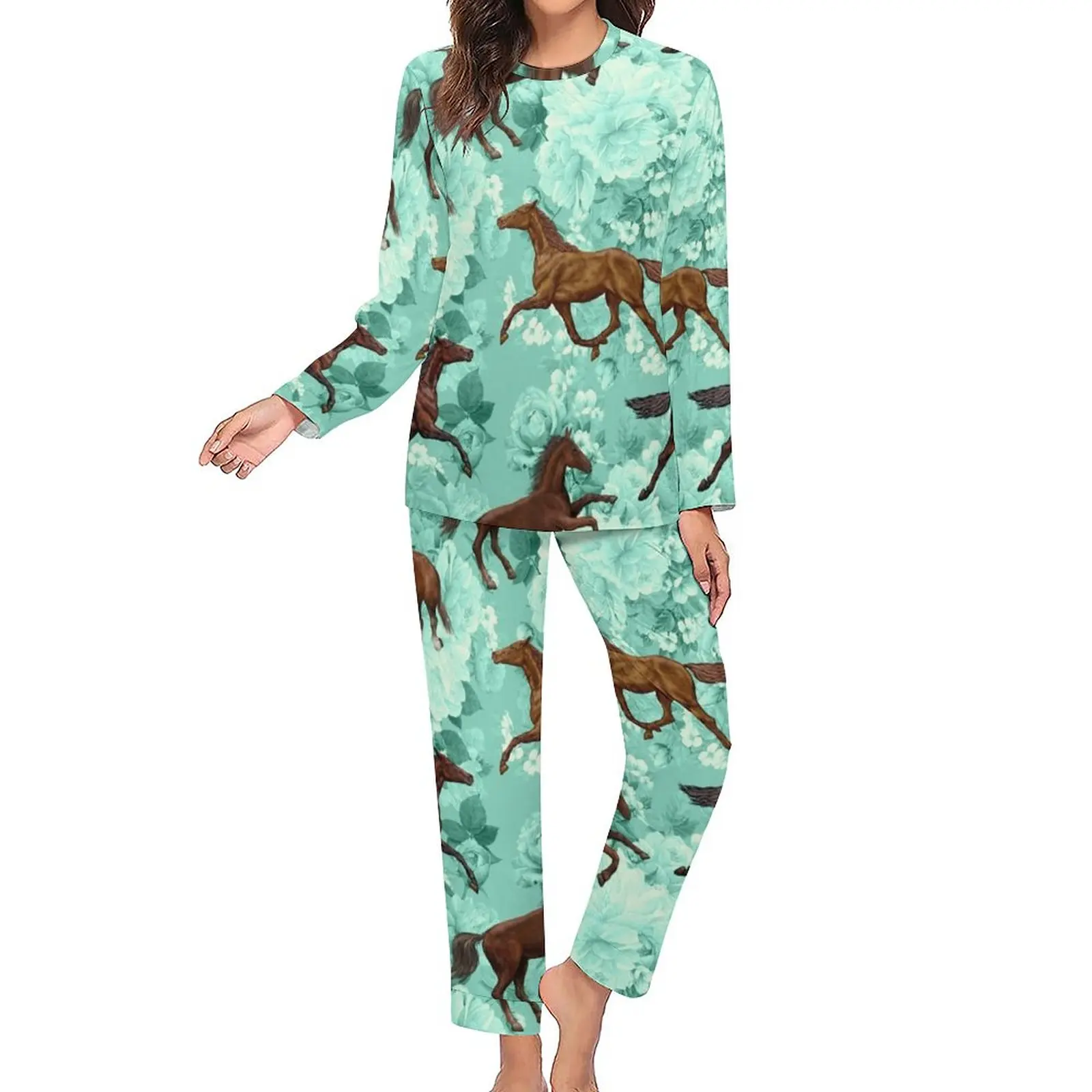 Cool Running Horses Pajamas Female Flowers Print Kawaii Sleepwear Spring 2 Pieces Aesthetic Oversize Pajama Sets