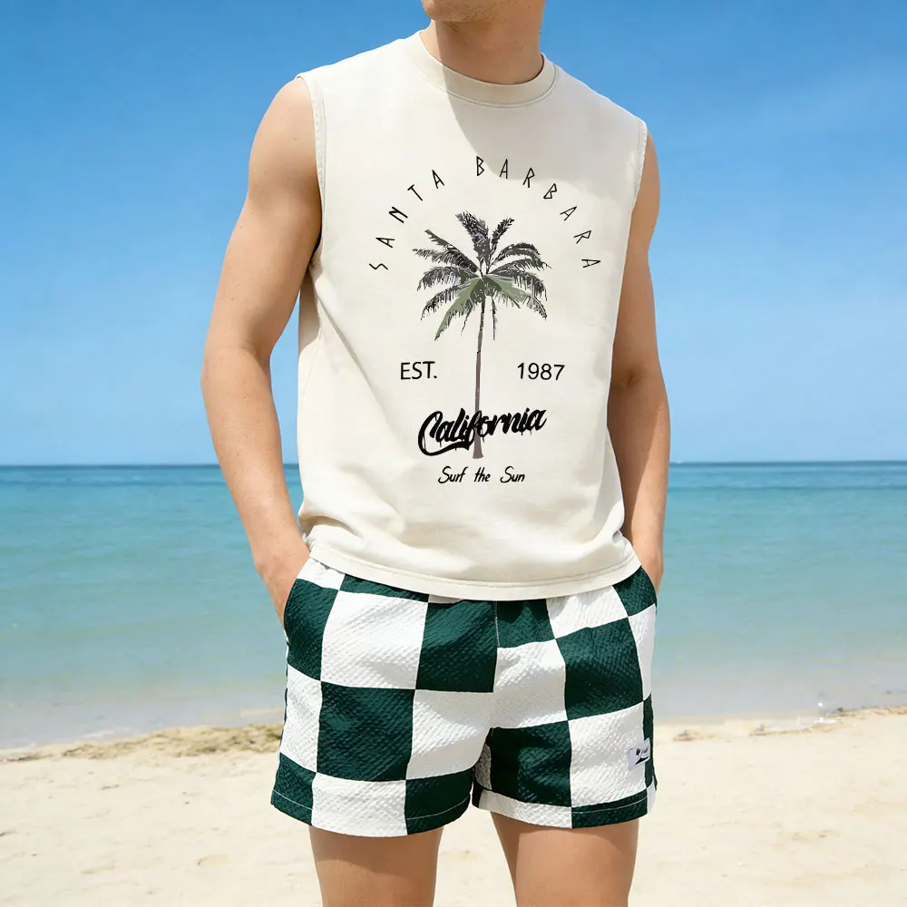 

Men's Summer Two Piece Set Vintage Palm Tree Tank Top + Green Checkered Shorts Casual Beach Vacation Outfit for Male