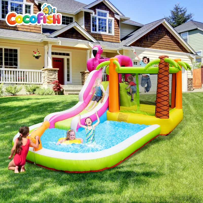 Cocofish Flamingo Themes Indoor Outdoor Playground Jumping Castle Bouncy Toys Inflatable Bounce House Combo Slide for Kids