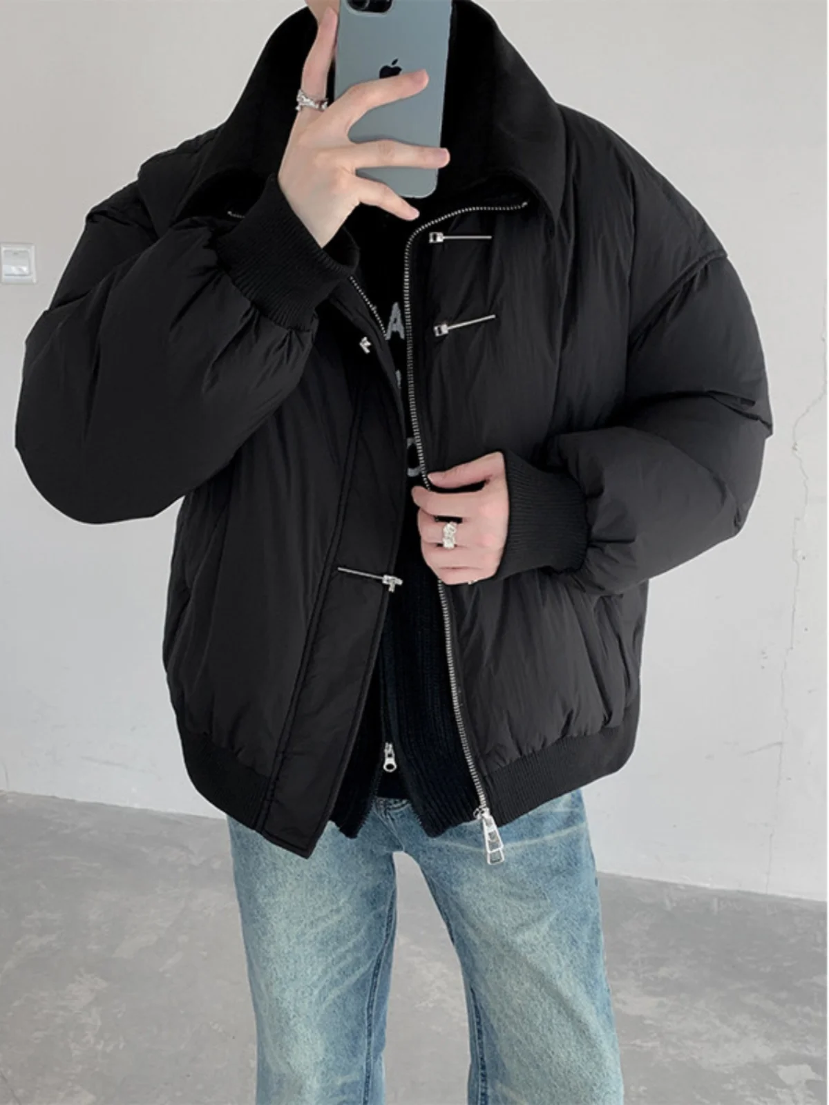 

New Chinese Sle Thiened Cotton Jaet Men's Loose Fit Faionable Patchwork Metal Bule Decoration Youth Long Sve Coat