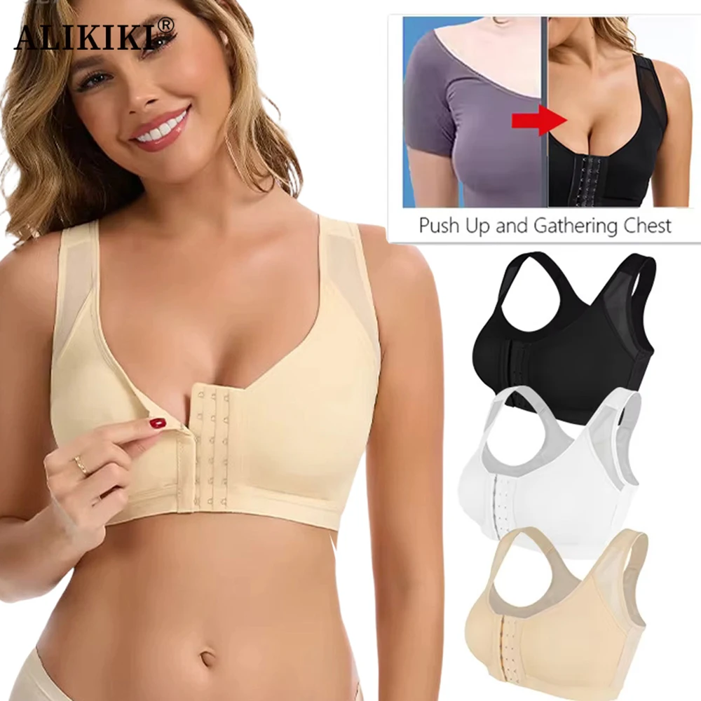 

Large Size Front Closure Bra Wire Free Full Coverage Brassiere Women's Posture Corrector Lift Up Bralette Female Unlined Bras