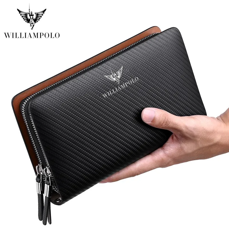 WILLIAMPOLO-cartera de mano de gran capacidad para hombre, bolso de mano de cuero genuino con doble cremallera, cartera larga de negocios