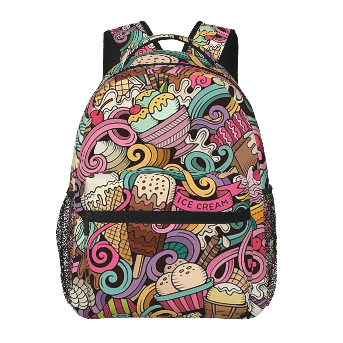 Cartoon Donut Ice Cream Pattern Student Backpack School Bag Hiking Travel Daypack for Men Women Fashion Bookbag Shoulder Bags