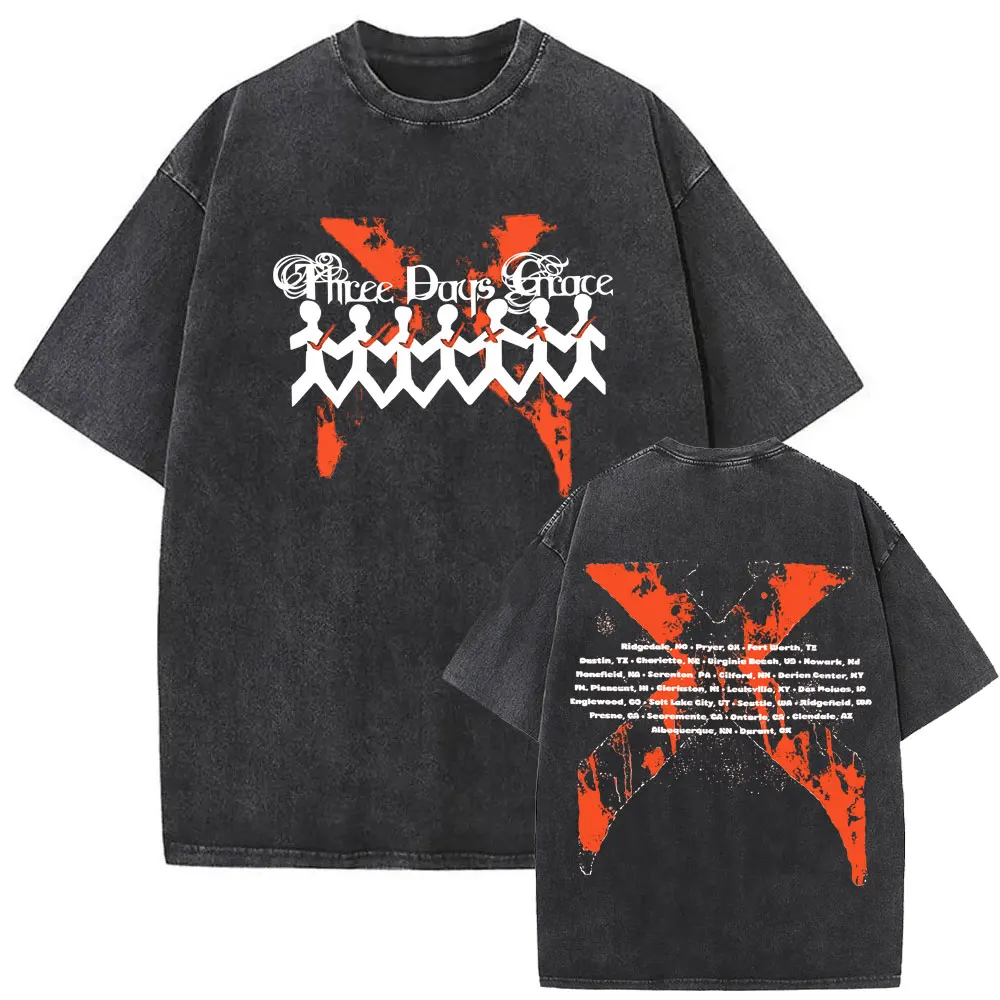 Washed Vintage Rock Band Three Days Grace Let's Start A Riot T-shirt Men Alternative Metal T Shirts Male Oversized Streetwear