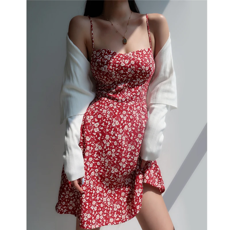 Women Sexy Spaghetti Strap Backless Slim Sweet Dresses 2024 Summer Vintage Fashion Floral Print Sleeveless Y2K Beach Mini Dress