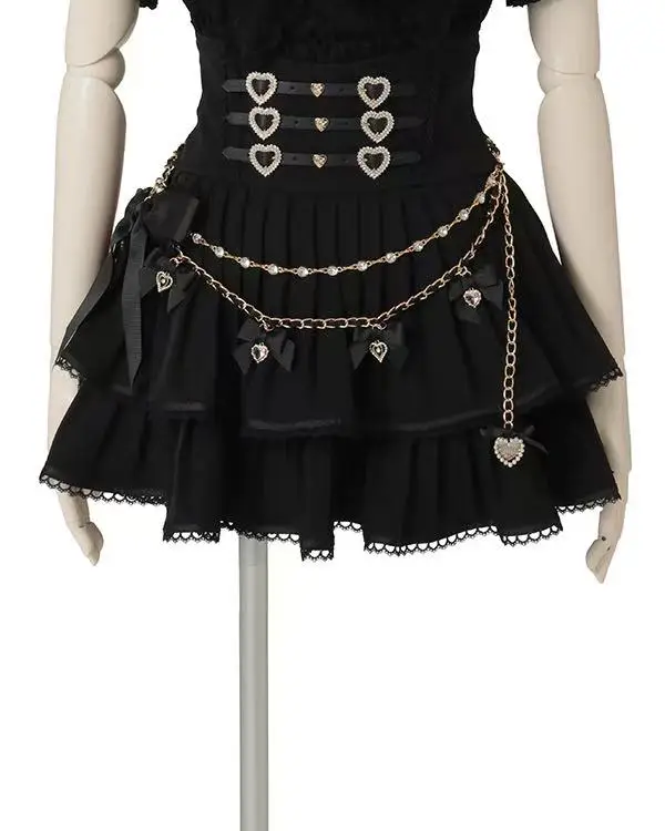 

Summer High Waist Chain Bow Heart Buckle Mini Skirts for Women Japanese Style Liz Sweet Cute Girls Pleated Short Skirt